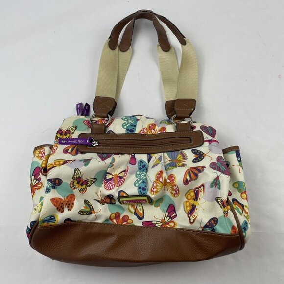 Lily Bloom Double Handle Shoulder Purse Bag 3 Zip Compartments Butterflies - Picture 1 of 11